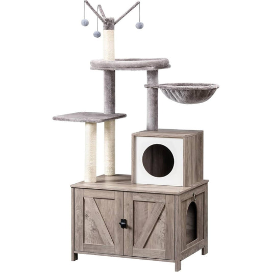 Cat Tree with Litter Box Enclosure, Wooden Multifunctional Pet Furniture with Hidden Litter Box, Perch, Hammock and Scratching Post, Cat Tower for Indoor Cats